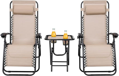 HAPPYGRILL Zero Gravity Lounge Chairs Set with Coffee Table, Folding Reclining Chairs with Side Table and Pillow, 3 Pieces Adjustable Patio Lawn Recliner Set for Outdoor Garden Camp Travel