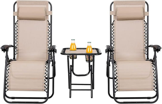 HAPPYGRILL Zero Gravity Lounge Chairs Set with Coffee Table, Folding Reclining Chairs with Side Table and Pillow, 3 Pieces Adjustable Patio Lawn Recliner Set for Outdoor Garden Camp Travel