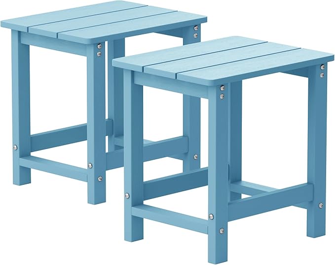 MXIMU Outdoor Side Table for Patio: 16" HIPS Weatherproof Adirondack Table Set of 2 - Small End Tables for Outside Porch Deck Pool Balcony Backyard - Easy Assembly No Maintenance Blue
