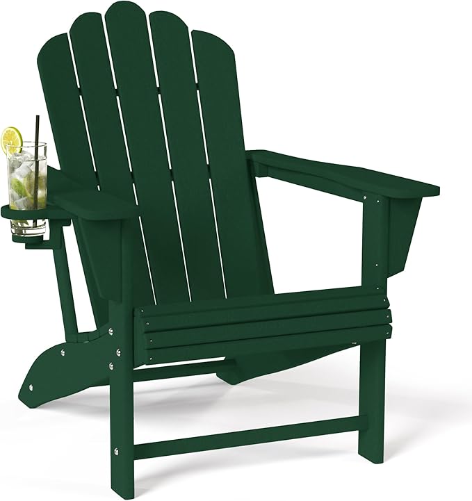 Costaelm Lakeview Outdoor Patio HDPE Adirondack Chair with Cup Holder, Dark Green