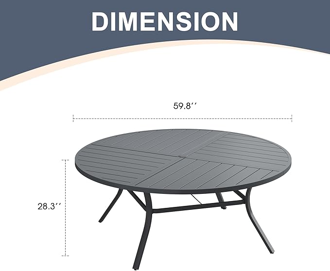 VICLLAX 60" Round Patio Dining Table for 8-10, All Weather Metal Outdoor Table with 1.57" Umbrella Hole and Surdy Frame for Garden Lawn Deck, Dark Grey
