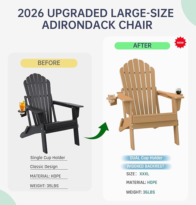 Plawdlik Folding Adirondack Chair Set of 4-with Two Cup Holder, Widened Heavy All-Weather HDPE, SGS Tested - Photo 9