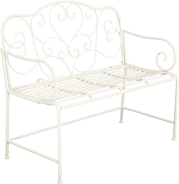 roomfitters Vintage Metal Garden Bench, Elegant Scrollwork Design, Weather-Resistant Outdoor Loveseat, Antique White