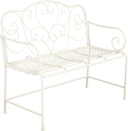 roomfitters Vintage Metal Garden Bench, Elegant Scrollwork Design, Weather-Resistant Outdoor Loveseat, Antique White