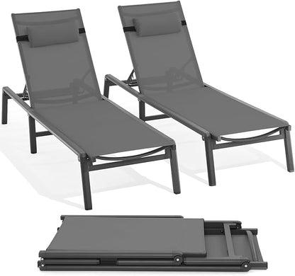 ONBRILL 2 PCS Chaise Lounge Chair Outdoor, Foldable & Assembly Free Outdoor Lounge Chair with 5 Position Adjustable Backrest, Aluminum Pool Lounge Chairs for Outside Poolside Patio Beach Lawn, Grey