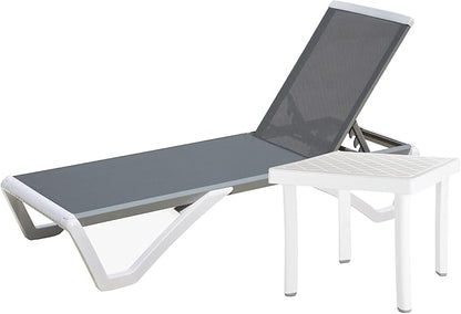 Domi Pool Lounge Chair Aluminum Adjustable Outdoor Chaise Lounge,All Weather Plastic Poolside Lounge Chair with Table for Deck Lawn Backyard, Gray Textilene