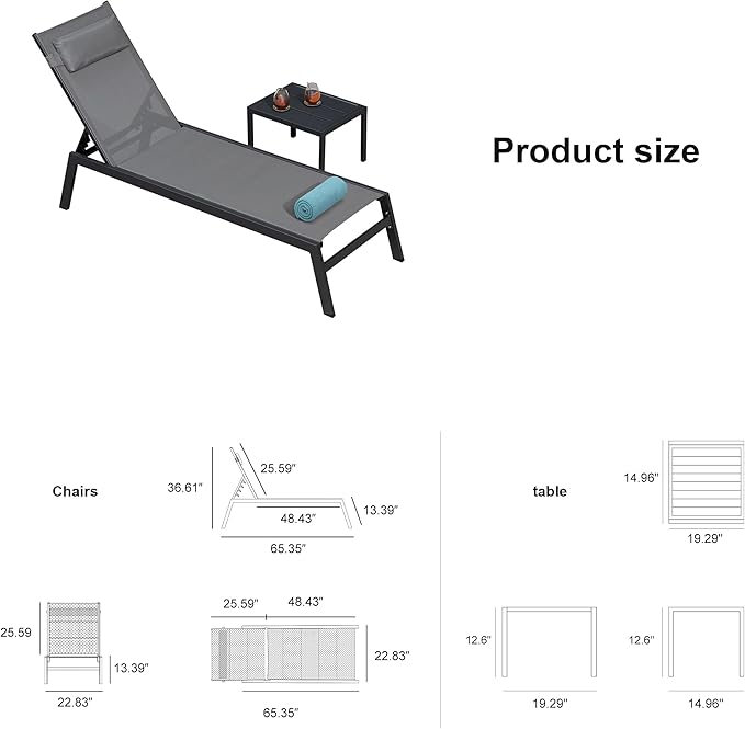 PURPLE LEAF Outdoor Lounge Chair Set Aluminum Patio Chaise Lounger with Side Table and Pillow for Outside Pool Beach Sunbathing Tanning Recliner Grey