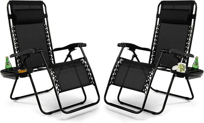 Tangkula Set of 2 Zero Gravity Chair, Folding Patio Lounge Chair Adjustable Outdoor Recliner with Cup Holder, Wide Armrest for Patio Garden Poolside Outdoor Yard Beach, Support 350 lbs (2, Black)