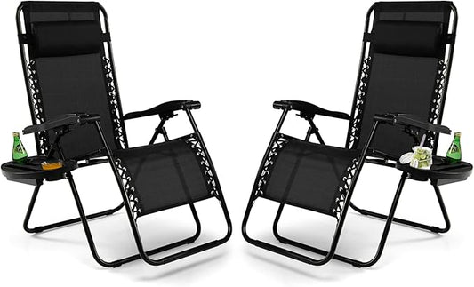 Tangkula Set of 2 Zero Gravity Chair, Folding Patio Lounge Chair Adjustable Outdoor Recliner with Cup Holder, Wide Armrest for Patio Garden Poolside Outdoor Yard Beach, Support 350 lbs (2, Black)