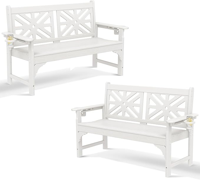 Oversized Outdoor Bench Set of 2, 51.5” HDPE Aesthetic Garden Bench with Cup Holders, Memorial Benches - Easy Assembly & All Weather, for Porch & Patio, 800lbs Load Capacity (White)