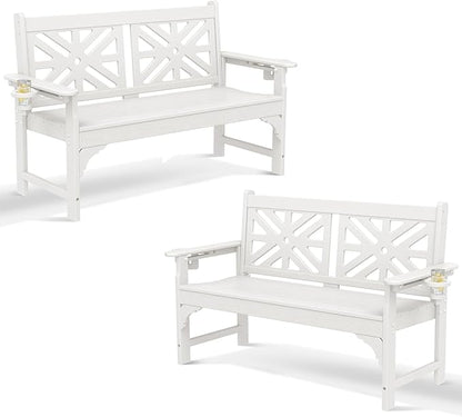 Oversized Outdoor Bench Set of 2, 51.5” HDPE Aesthetic Garden Bench with Cup Holders, Memorial Benches - Easy Assembly & All Weather, for Porch & Patio, 800lbs Load Capacity (White)