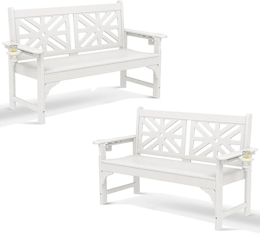 Oversized Outdoor Bench Set of 2, 51.5” HDPE Aesthetic Garden Bench with Cup Holders, Memorial Benches - Easy Assembly & All Weather, for Porch & Patio, 800lbs Load Capacity (White)
