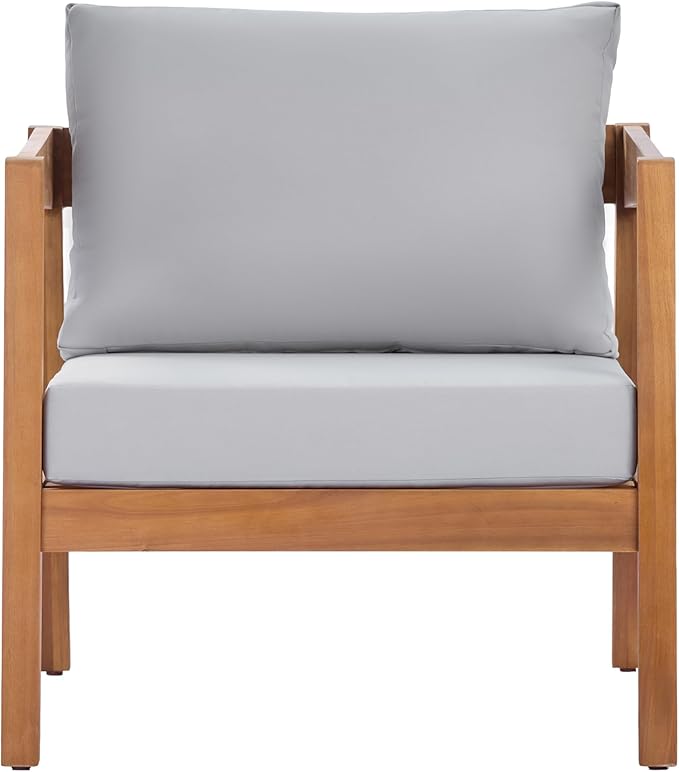 Merax 25" Acacia Solid Wood Outdoor Lounge Chair, Teak Finish Frame with Light Grey Cushion, Patio & Garden Chair, Teak+Light Grey