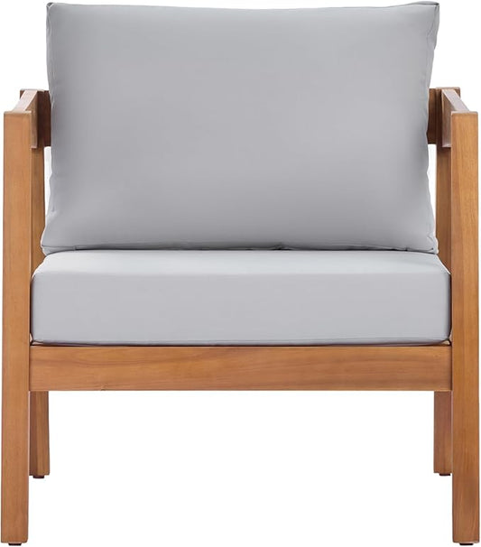 Merax 25" Acacia Solid Wood Outdoor Lounge Chair, Teak Finish Frame with Light Grey Cushion, Patio & Garden Chair, Teak+Light Grey