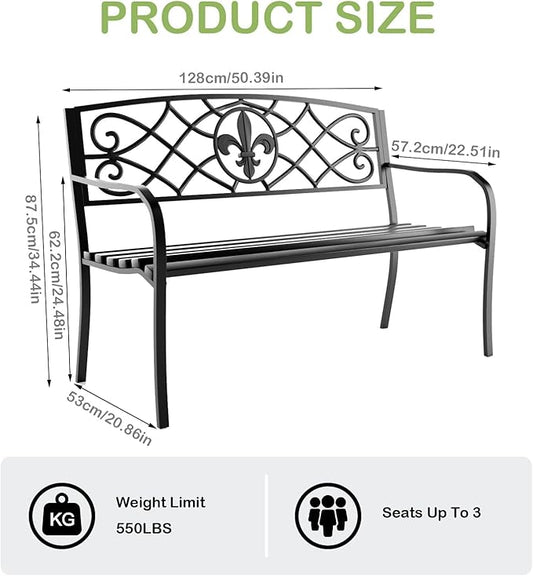Metal Bench Patio Bench, Outdoor Benches Weatherproof with Floral Backrest, Wrought Iron Garden Benches for Outdoors, Patio, Garden, Park