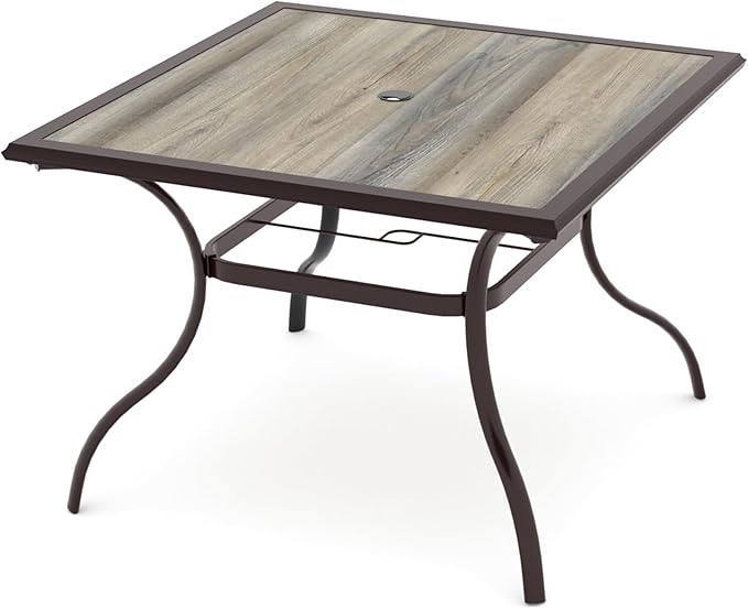 Outdoor Dining Table with Square Wooden-Like PVC Table Top and Umbrella Hole for Bistro, Garden, Poolside, Backyard -Laminated Top Brown Metal Steel Frame