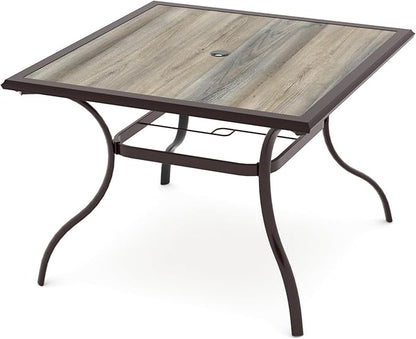 Outdoor Dining Table with Square Wooden-Like PVC Table Top and Umbrella Hole for Bistro, Garden, Poolside, Backyard -Laminated Top Brown Metal Steel Frame