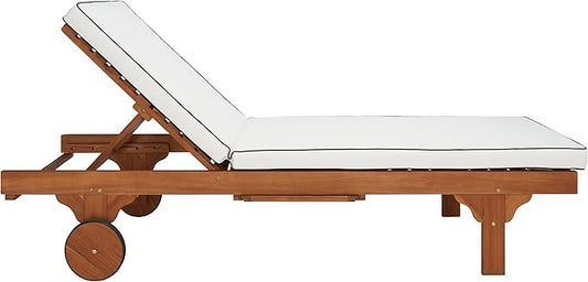 SAFAVIEH Outdoor Collection Newport Natural/Beige Cushion Black Piping Chaise Lounge Chair with Side Table