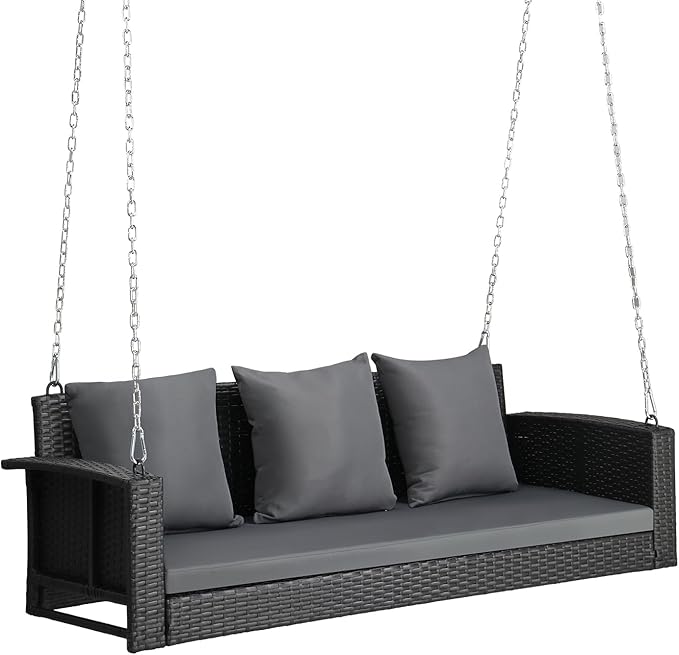 5FT Wicker Porch Swing for 3 Person, 1000lb Capacity Outdoor Hanging Bench with 3 Removable Cushions - Photo 1