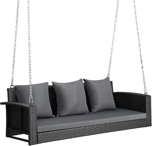 5FT Wicker Porch Swing for 3 Person, 1000lb Capacity Outdoor Hanging Bench with 3 Removable Cushions, Handwoven Weather-Resistant PE Rattan for Patio, Garden & Backyard