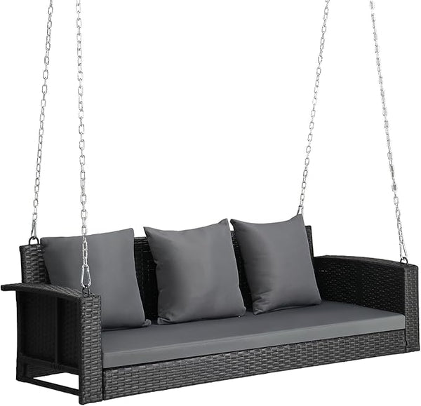 5FT Wicker Porch Swing for 3 Person, 1000lb Capacity Outdoor Hanging Bench with 3 Removable Cushions - Photo 1