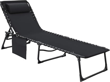 Flamaker Foldable Chaise Lounge Chair 5-Position Adjustable, Tanning Chair with Side Pocket, Outdoor Sunbathing for Pool, Beach, Patio, Lawn, Indoor Recliner Chair for Napping(Black, 1 Pcs)