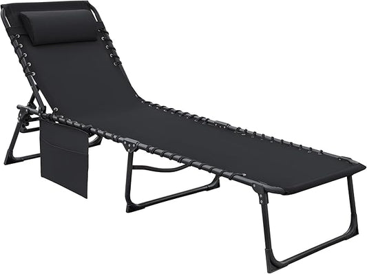 Flamaker Foldable Chaise Lounge Chair 5-Position Adjustable, Tanning Chair with Side Pocket, Outdoor Sunbathing for Pool, Beach, Patio, Lawn, Indoor Recliner Chair for Napping(Black, 1 Pcs)