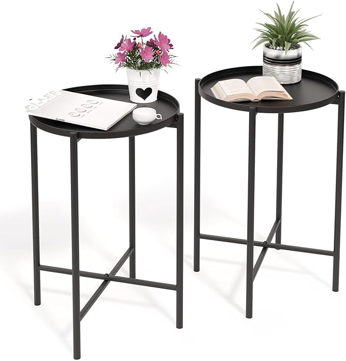 VINGLI Round Metal Side Table with Removable Tray, Outdoor Patio Coffee Table, Waterproof End Table for Small Spaces, Outdoor Patio, Living Room, Bedroom, Balcony (X-Brace & Non-Slip Pads) (2, Black)