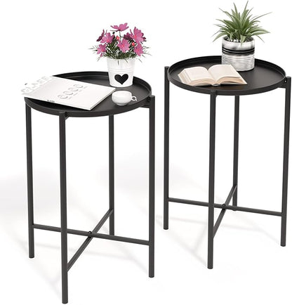VINGLI Round Metal Side Table with Removable Tray, Outdoor Patio Coffee Table, Waterproof End Table for Small Spaces, Outdoor Patio, Living Room, Bedroom, Balcony (X-Brace & Non-Slip Pads) (2, Black)