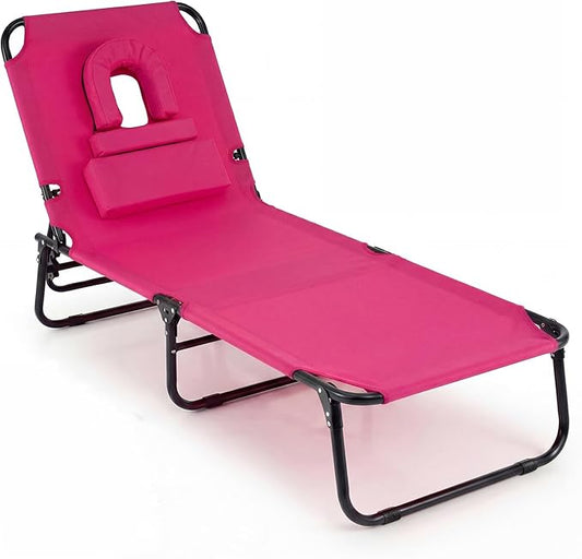 COSTWAY Tanning Chair with Face Hole, Pillows & Adjustable Backrest, Portable with Carrying Bag, Folding Beach Chaise Lounge for Sunbathing, Seaside (1, Pink)
