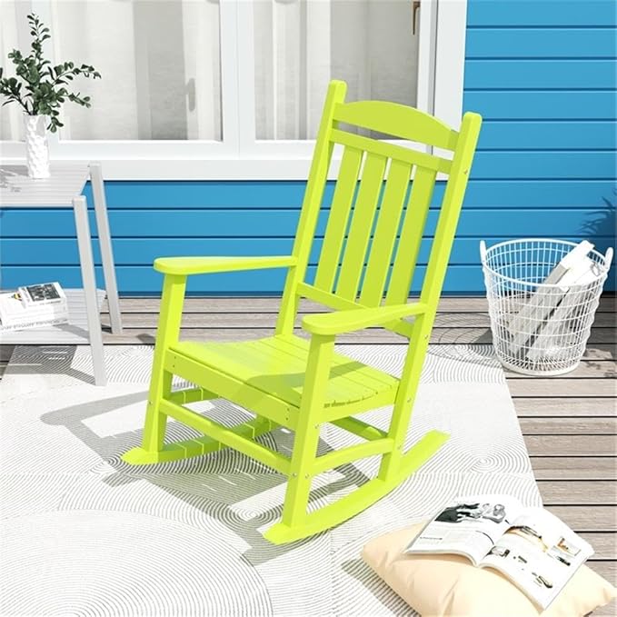 Costaelm Oversized Outdoor Rocking Chair, High Back Porch Rocker Chair, HDPE All Weather Resistant Outdoor Seating Furniture Wide Rocker Chair for Patio, Lawn, Garden, Lime