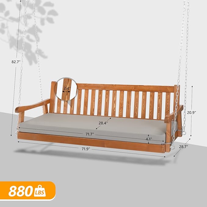 VINGLI 6 FT Upgraded Pine Wood Porch Swing Daybed, Heavy Duty Porch Bench Swing with 880 LBS Adjustable Chains - Photo 6