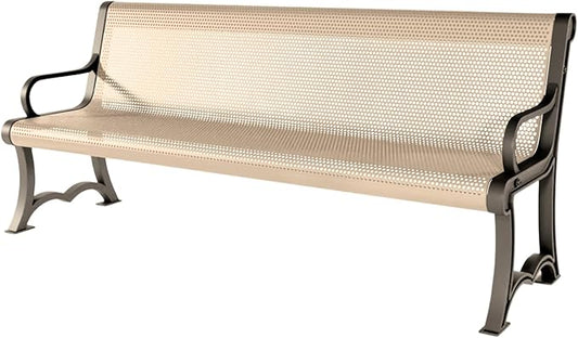 COATEDOUTDOORFURNITURE Coated Outdoor Furniture Heavy-Duty Outdoor Bench Thermoplastic Coated, Punched Steel, Commercial-Grade Garden Bench, Made in America (Portable with Back, 6 Ft, Tan)
