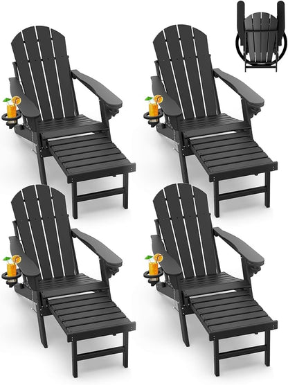 GREENVINES Adirondack-Chairs-with-Ottoman | Set of 4 | Folding | Retractable-Footrest | HDPE Plastic | All Weather Fire Pit Chair | Cup Holders | Black | for Outdoor Poolside