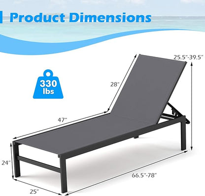 HAPPYGRILL Aluminum Chaise Lounge Chair, Heavy-Duty Patio Recliner W/ 6-Level Backrest & Breathable Fabric, Outdoor Lightweight Reclining Lounge Chair for Backyard, Poolside, Porch (2, Grey)