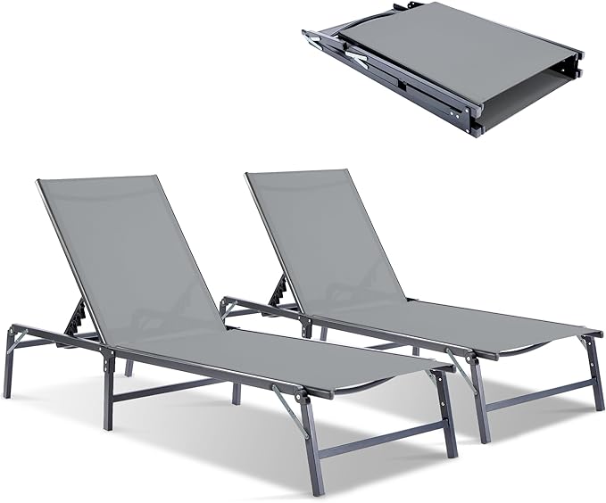 Outdoor Chaise Lounge Chair Set of 2, Foldable & Assemble-Free, 6 Adjustable Positions, Durable Rust-Resistant Frame - Photo 1