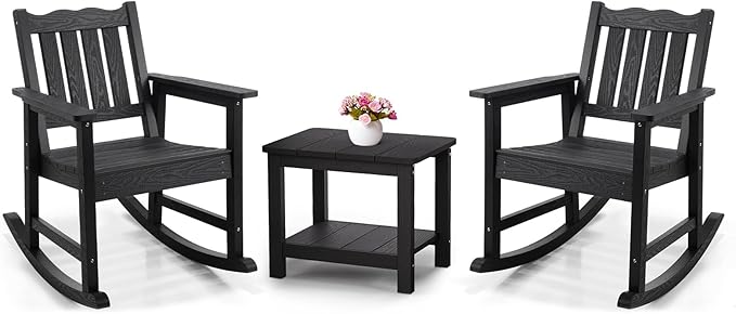 Stoog 3-Piece Patio Rocking Chairs with Table Set, All-Weather Porch Rocker with 400 lbs Support, Never Fade or Rot, Include 2 Rocking Chairs and 1 Side Table, Black