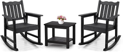 Stoog 3-Piece Patio Rocking Chairs with Table Set, All-Weather Porch Rocker with 400 lbs Support, Never Fade or Rot, Include 2 Rocking Chairs and 1 Side Table, Black