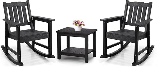 Stoog 3-Piece Patio Rocking Chairs with Table Set, All-Weather Porch Rocker with 400 lbs Support, Never Fade or Rot, Include 2 Rocking Chairs and 1 Side Table, Black