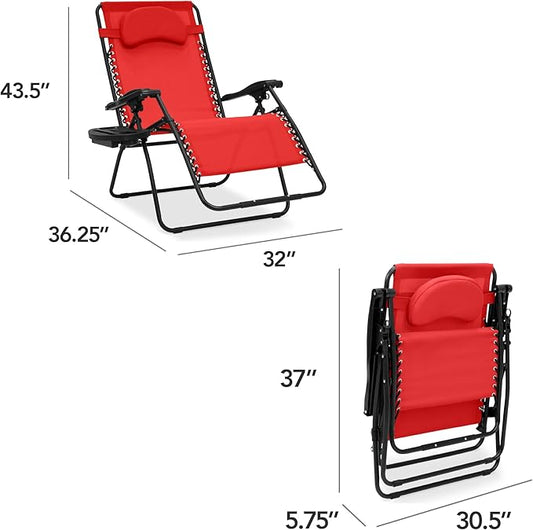 Best Choice Products Oversized Zero Gravity Chair, Folding Outdoor Patio Lounge Recliner w/Cup Holder Accessory Tray, Pillow - Crimson Red