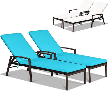 Tangkula Set of 2 Patio Rattan Chaise Lounge Chair, Outdoor Reclining Chaise with Cushion and Armrest, 2 Cushion Cover Sets, Wicker Sun Lounger with Adjustable Backrest for Garden (Turquoise & White)