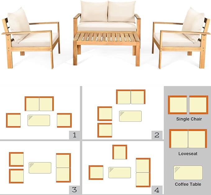 COSTWAY 4 Pieces Outdoor Acacia Wood Sofa Set, Outdoor Conversation Sofa Set with Table & Cushions Porch Chairs for Garden, Patio, Deck