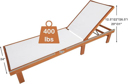 Tangkula Outdoor Wood Chaise Lounge Chair, Patio Chaise Lounger with 5 Position Adjustable Back, Eucalyptus Wood Reclining Lounge Chair with Breathable Fabric for Poolside Lawn Backyard (1, White)