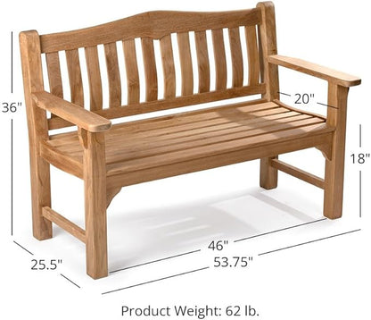 Ash & Ember Hawthorne Grade A Teak 53" Bench, Seats 2 People Comfortably, Weather Resistant Indoor Outdoor Solid Wood Patio Furniture with Tightly Spaced Slats, Bowed Back, Armrests
