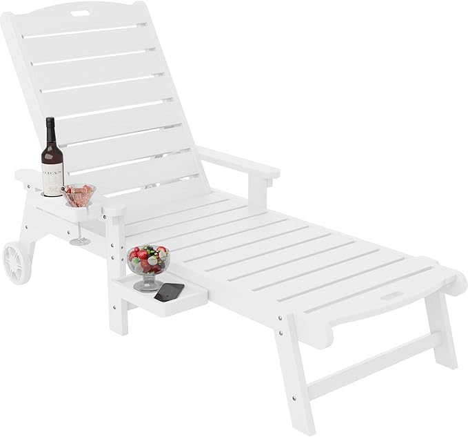 YEFU Chaise Lounge Chair Outdoor,Pool Lounge Chair with Adjustable Backrest,All Weather Resin Patio Lounge Chair with Cup Holder&Armrest,for Outside,Beach,Deck,Heavy Duty,400lbs Capacity(White)