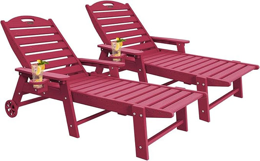 Chaise Lounge Chair Outdoor with Wheels Set of 2, Adjustable 5-Position Chaise Lounge Outdoor with Wood Texture, Patio Lounge Chair for Poolside Backyard, Red