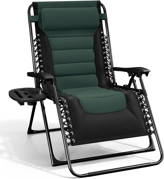 Nestl Outdoor Padded Zero Gravity Chair, Patio Lounge Chair Outdoor Recliner, Oversized Anti Gravity Lounger with Adjustable Headrest and Cup Holder, Foldable for Camping, Yard - Black/Forest Green