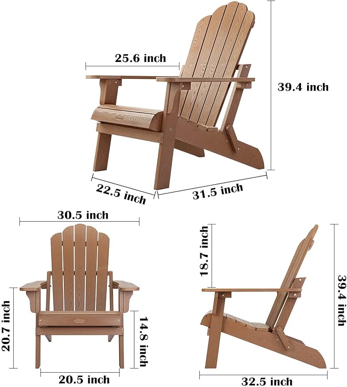 hOmeHua Folding Adirondack Chairs Set of 2, HIPS Foldable Adirondack Chairs Weather Resistant,Plastic Outdoor Chair for Patio, Backyard Deck, Fire Pit Lawn Porch (Wood Color)