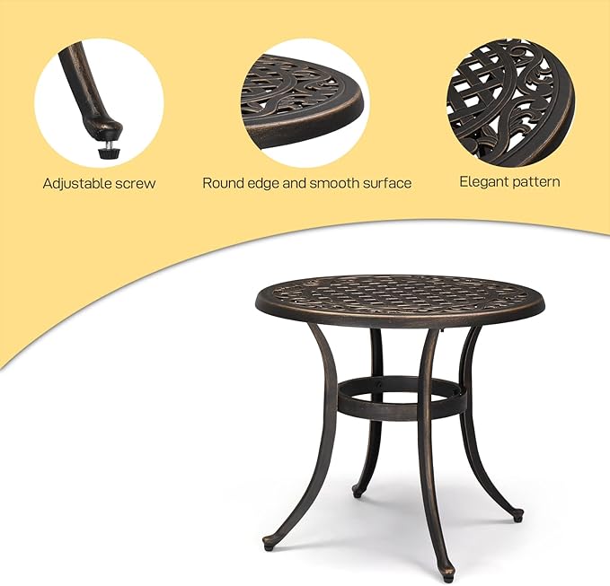 VINGLI Cast Aluminum Outdoor Chaise Lounge Chair and Side Table Set, Patio Chaise Lounge with 3-Position Adjustable Backrest, Tanning Chair Reclining Chair Poolside Lounge Chair (with Round Table)