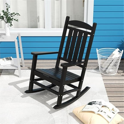 Costaelm Oversized Outdoor Rocking Chair, High Back Porch Rocker Chair, HDPE All Weather Resistant Outdoor Seating Furniture Wide Rocker Chair for Patio, Lawn, Garden, Black